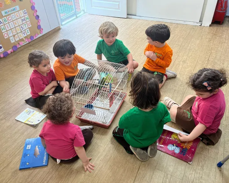 Crianças brincando com uma gaiola de brinquedo em uma atividade em grupo na Green Kids School